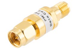PE7487-10 - 10 dB Fixed Attenuator, SMA Male to SMA Female Brass Gold Body Rated to 2 Watts Up to 26.5 GHz
