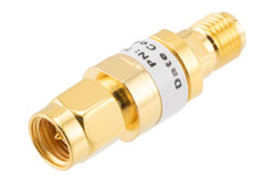 PE7487-2 - 2 dB Fixed Attenuator, SMA Male to SMA Female Brass Gold Body Rated to 2 Watts Up to 26.5 GHz