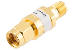 PE7487-30 - 30 dB Fixed Attenuator, SMA Male to SMA Female Brass Gold Body Rated to 2 Watts Up to 26.5 GHz