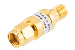 PE7487-4 - 4 dB Fixed Attenuator, SMA Male to SMA Female Brass Gold Body Rated to 2 Watts Up to 26.5 GHz