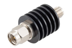 PE7488-10 - 10 dB Fixed Attenuator, SMA Male to SMA Female Black Anodized Aluminum Body Rated to 5 Watts Up to 26.5 GHz