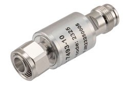 PE7493-10 - 10 dB Fixed Attenuator, 2.2-5 Male to 2.2-5 Female Brass Body Rated to 10 Watts, DC to 6 GHz