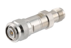 PE7609-6 - 6 dB RF fixed attenuator 2W, DC to 3GHz, TNC Male to TNC Female, Brass