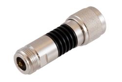 PE7624-20 - 20 dB Fixed Attenuator N-Type Male to N-Type Female Black Anodized Aluminum Heatsink Body Rated 5 Watt DC to 18 GHz