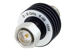 PE7AP1001-6 - 6 dB Fixed Attenuator, 4.3-10 Male to 4.3-10 Female Aluminum Body Rated to 15 Watts Up to 6 GHz