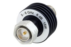 6 dB Fixed Attenuator, 4.3-10 Male to 4.3-10 Female Aluminum Body Rated to 15 Watts Up to 6 GHz