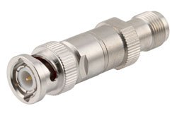 PE8282 - 50 ohm BNC plug to TNC jack DC Block inner from 10MHz to 3GHz rated 100 Volt in Brass