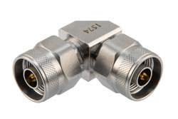 PE91574 - N Male to N Male Miter Right Angle Adapter, DC to 18 GHz