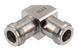 PE91576 - N Female to N Female Miter Right Angle Adapter, DC to 18 GHz