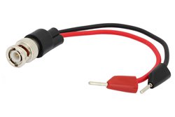 PE9902 - 75 Ohm BNC Male to Stacking Tip Plug Adapter Breakout With 6 Inch Length Using Red and Black Wires