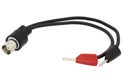 PE9911 - Stacking Tip Plug to 75 Ohm BNC Female Adapter Breakout With 6 Inch Length Using Red and Black Wires