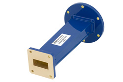 WR-137 to WR-112 Waveguide Transition 6 Inch Length With UG-344/U Round Cover Flange to UG-51/U Square Cover Flange